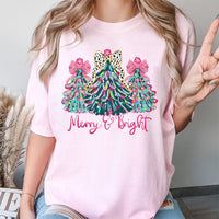 Pink Bow Merry and Bright Shirt, Coquette Christmas Tree T-Shirt, Preppy Christmas Tree Tee, Girly Christmas Graphic Shirt, Holiday Present Tee