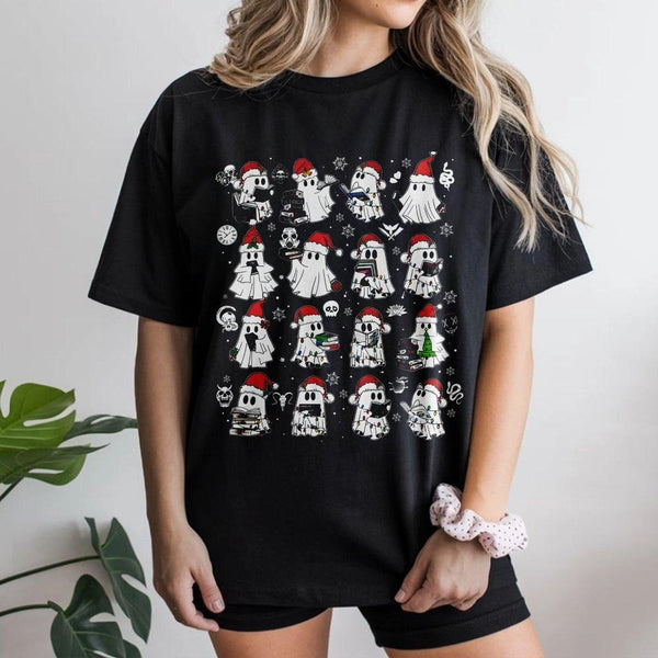 Spooky Reader Graphic Tee, Christmas Ghost Reading Book T-Shirt, Dark Romance Bookish Shirt, Adorable Bibliophile Book Lover 