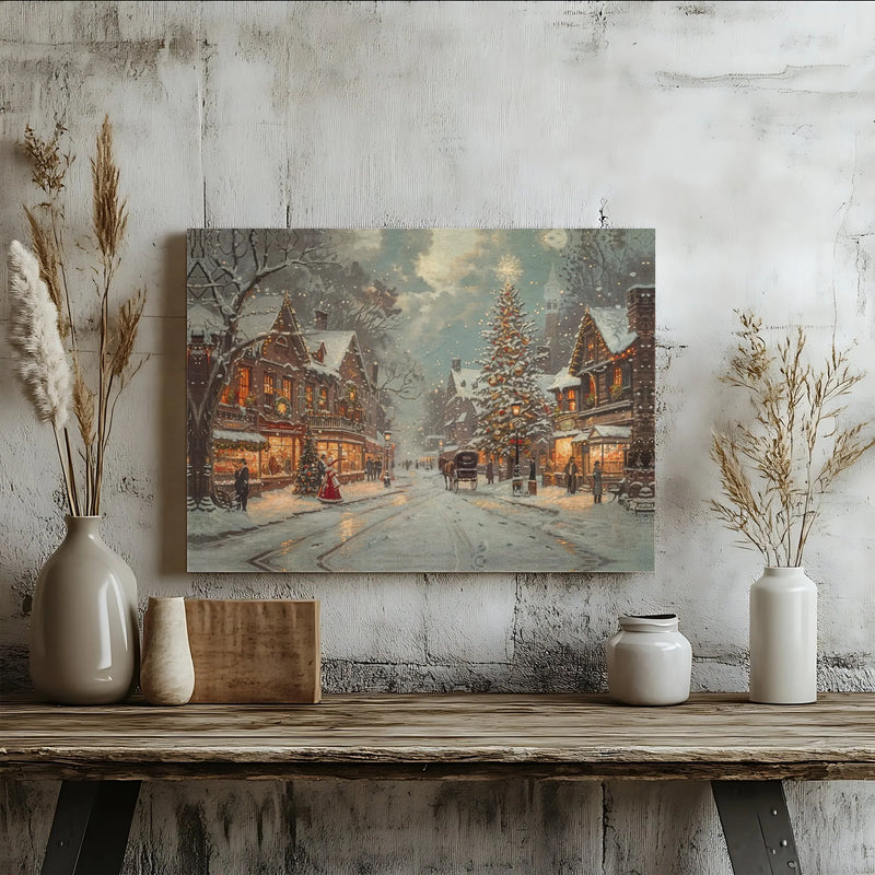 Snowy Town Street Canvas Art, Vintage Christmas Village Canvas Print, Winter Holiday Wall Decor, Festive Christmas Canvas