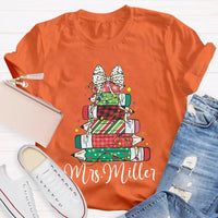 Colorful Crayons Bows Holiday Shirt, Personalized Christmas T-Shirt, Custom Name Kids Xmas Graphic Tee, Festive School Party Shirt