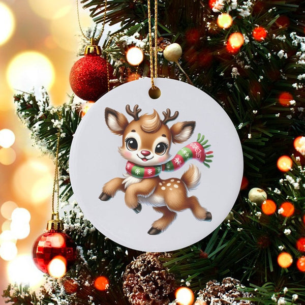 Cartoon Deer with Scarf Ornament, Adorable Baby Reindeer Christmas Ornament, Festive Ceramic Tree Ornament, Holiday Keepsake 