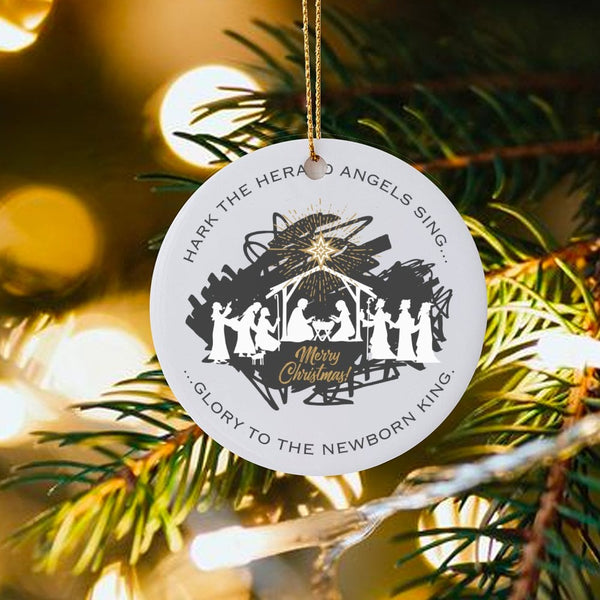 Nativity Scene Christmas Ornament, Hark the Herald Angels Sing Ornament, Christian Holiday Ceramic Ornament, Religious Xmas T