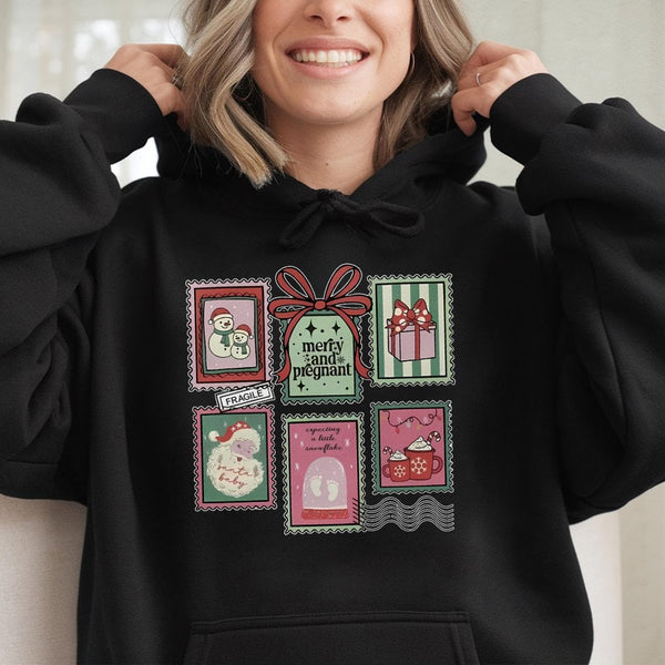 Vintage Holiday Stamp Pullover, Merry and Pregnant Christmas Hoodie, Pregnancy Announcement Hooded Sweatshirt, Expecting Mom 