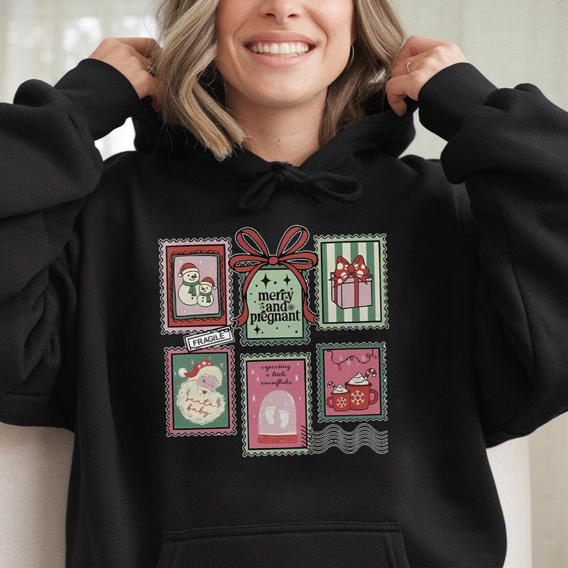 Vintage Holiday Stamp Pullover, Merry and Pregnant Christmas Hoodie, Pregnancy Announcement Hooded Sweatshirt, Expecting Mom Xmas Present