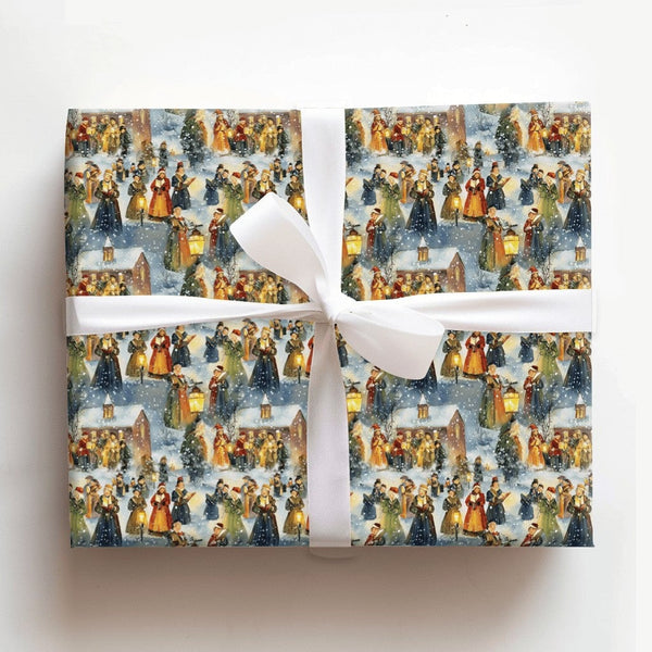 Vintage Snowy Village Gift Wrap, Victorian Christmas Carolers Wrapping Paper, Nostalgic Holiday Wrapping Paper, Winter Gift W