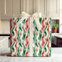 Red and Green Ribbon Gift Wrap, Watercolor Wavy Stripe Wrapping Paper, Modern Christmas Wrapping Paper, Festive Holiday Gift Wrap Roll