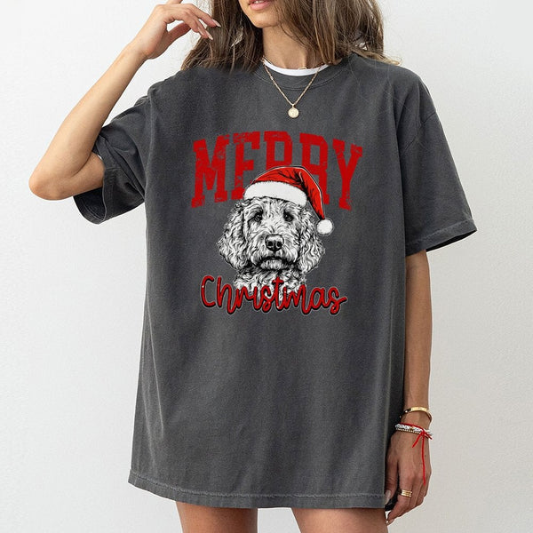Santa Hat Dog Graphic Tee, Labradoodle Christmas T-Shirt, Adorable Doodle Dog Christmas Shirt, Holiday Pet Lover T-Shirt, Xma