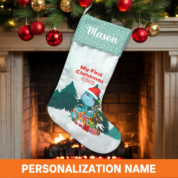Dinosaur Santa Hat Christmas Stocking, Personalized Baby First Christmas Stocking, Adorable Dino Holiday Stocking, Baby First