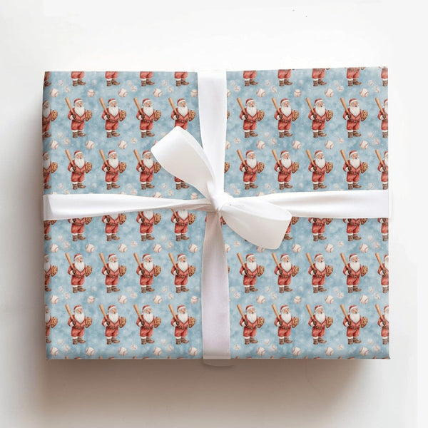 Sports Santa Claus Gift Wrap, Baseball Santa Christmas Wrapping Paper, Blue Baseball Wrapping Paper, Holiday Fan Present Wrap