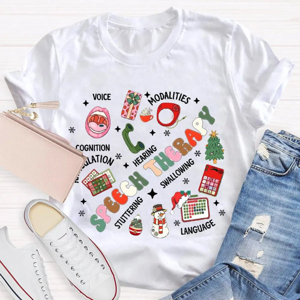 SLP Voice Stuttering Awareness T-Shirt, Speech Therapy Christmas Shirt, Speech Language Pathologist Xmas Tee, SLP Student Hol