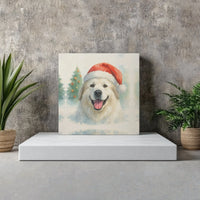 Watercolor Santa Hat Dog Square Canvas Print, Great Pyrenees Christmas Canvas, Adorable Winter Dog Wall Art, Stretched Holiday Canvas
