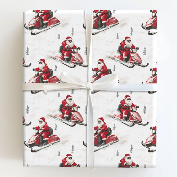Watercolor Winter Gift Wrap, Santa Riding Red Snowmobile Wrapping Paper, Retro Holiday Wrapping Paper, Christmas Present Pape