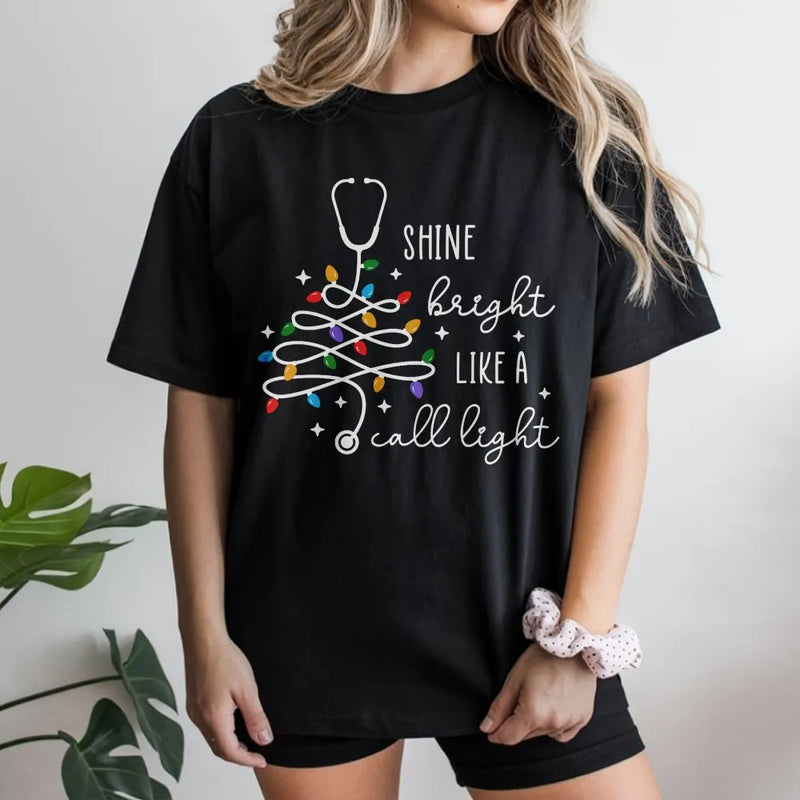 Nurse Christmas Stethoscope Tee, Shine Bright Like a Call Light Shirt, Nurse Christmas Shirt, Medical Holiday T-Shirt, RN Xmas Present