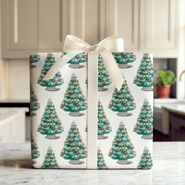 Flocked Tree Gift Wrap, Vintage Ceramic Christmas Tree Wrapping Paper, Nostalgic Retro Holiday Wrapping Paper, Festive Winter