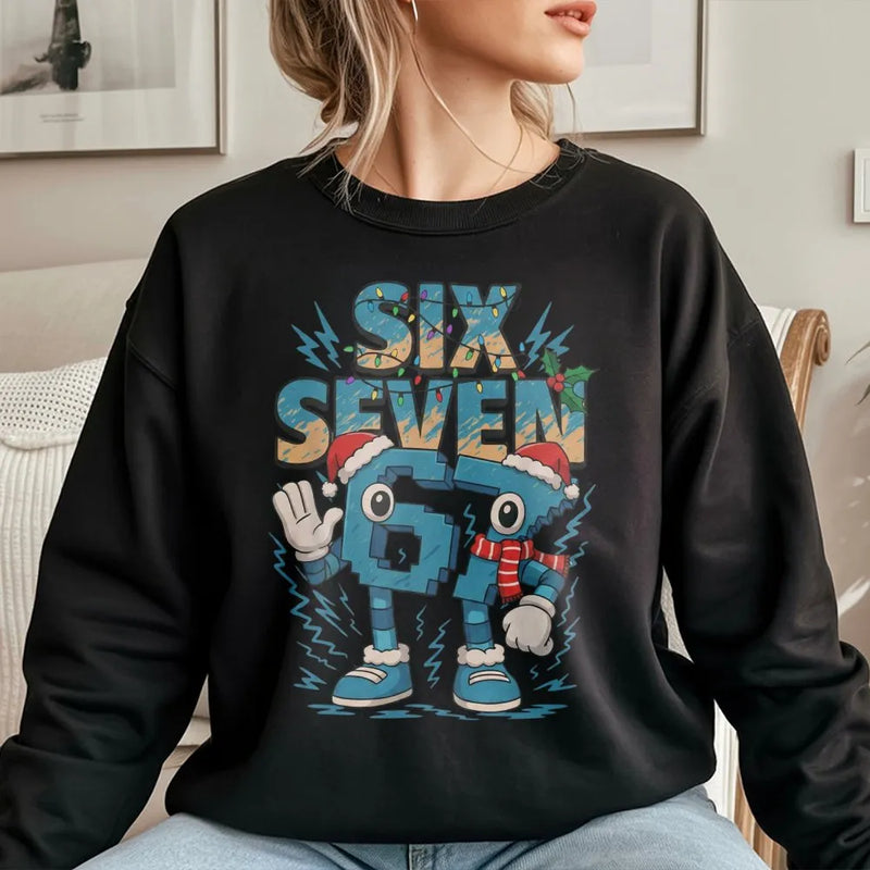 Humorous Internet Meme Holiday Crewneck, Six Seven Christmas Sweatshirt, Gen Z Gen Alpha Xmas Sweater, Trendy Meme Pullover Sweatshirt