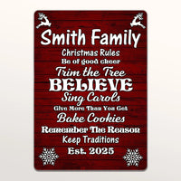 Custom Holiday Family Metal Sign, Personalized Christmas Rules Metal Sign, Winter Farmhouse Decor, Xmas Living Room Art