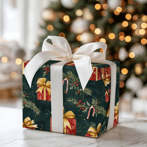 Candy Cane Holiday Gift Wrap, Watercolor Christmas Wrapping Paper, Dark Green Xmas Wrapping Paper, Holly Present Gift Wrap