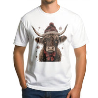 Santa Hat Cow T-Shirt, Christmas Highland Cow Shirt, Plaid Bow Holiday Tee, Farmhouse Christmas T-Shirt, Festive Cow Graphic Shirt