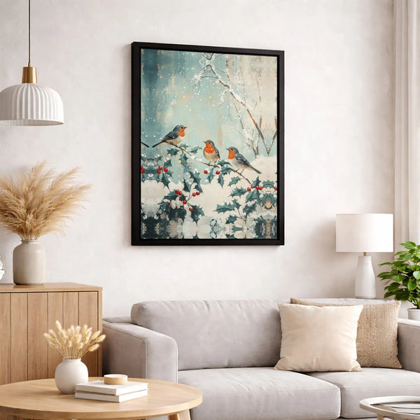 Snowy Holly Branch Bird Painting Printable Art, Winter Robin Canvas Digital Download, Christmas Wall Art Poster, Holiday Home
