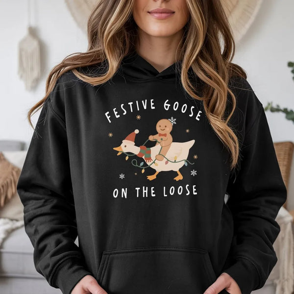 Humorous Christmas Goose Hooded Sweatshirt, Festive Goose on the Loose Hoodie, Retro Holiday Gingerbread Man Hoodie, Adorable