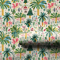 Coastal Palm Tree Gift Wrap Roll, Tropical Christmas Wrapping Paper, Village Winter Holiday Wrapping Paper, Beachy Christmas Gift Wrap