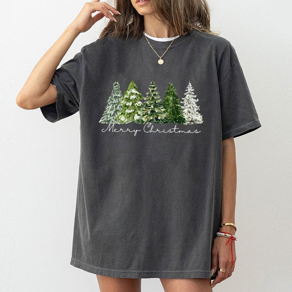 Merry Christmas Forest Graphic Tee, Watercolor Pine Tree Shirt, Festive Holiday Season T-Shirt, Winter Nature Tee, Xmas Prese