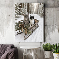 Snowy Forest Cat Wall Art, Winter Cats in Sled Canvas, Rustic Christmas Cat Canvas Print, Tuxedo Tabby Cat Wall Decor