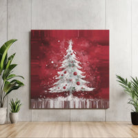 Festive Holiday Pine Ornament Canvas Print, Snowy White Christmas Tree Crimson Red Canvas Art, Winter Forest Canvas Wall Art, Seasonal Decor