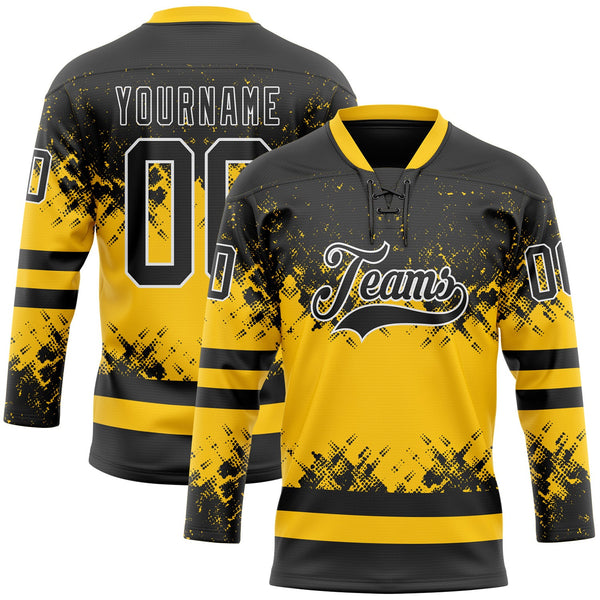 Custom Hockey Jersey - Black Yellow-White Abstract Splatter Paint Lace Neck
