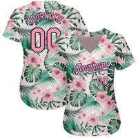 Custom Baseball Jersey - White Medium Pink-Navy 3D Pattern Design Hawaii Palm Leaves And Flowers Authentic