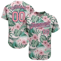 Custom Baseball Jersey - White Medium Pink-Navy 3D Pattern Design Hawaii Palm Leaves And Flowers Authentic