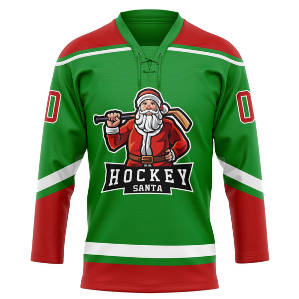 Custom Hockey Jersey - Grass Green Red-White Christmas Santa Claus 3D Lace Neck