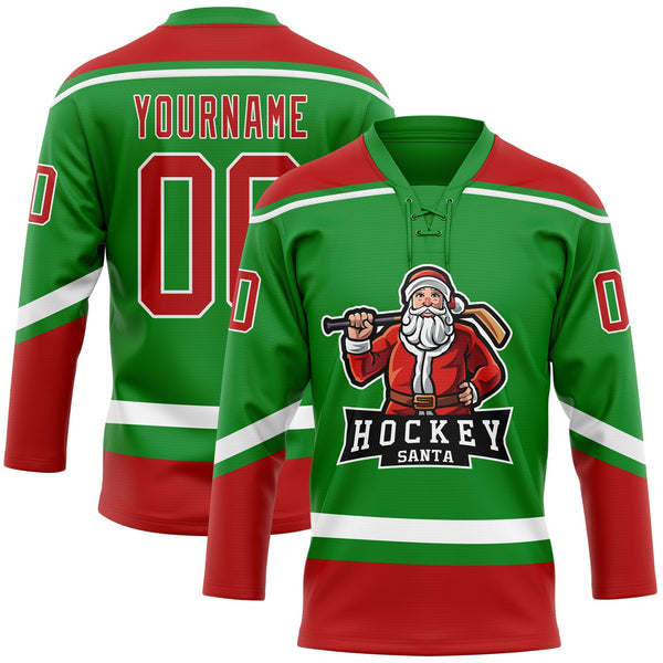 Custom Hockey Jersey - Grass Green Red-White Christmas Santa Claus 3D Lace Neck