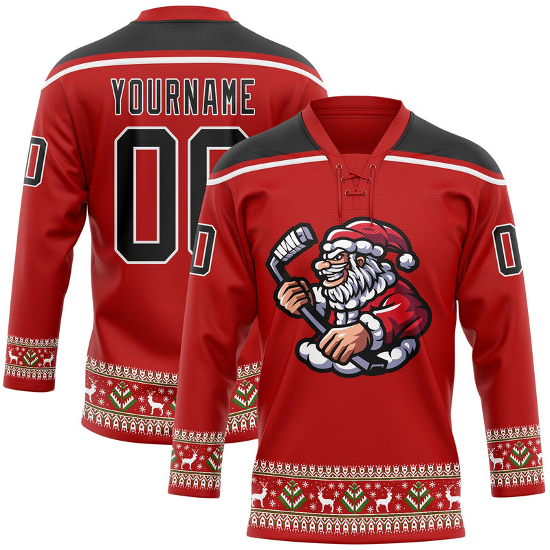 Custom Hockey Jersey - Red Black-White Christmas Santa Claus 3D Lace Neck