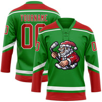 Custom Hockey Jersey - Grass Green Red-White Christmas Santa Claus 3D Lace Neck