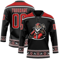Custom Hockey Jersey - Black Red-White Christmas Santa Claus 3D Lace Neck