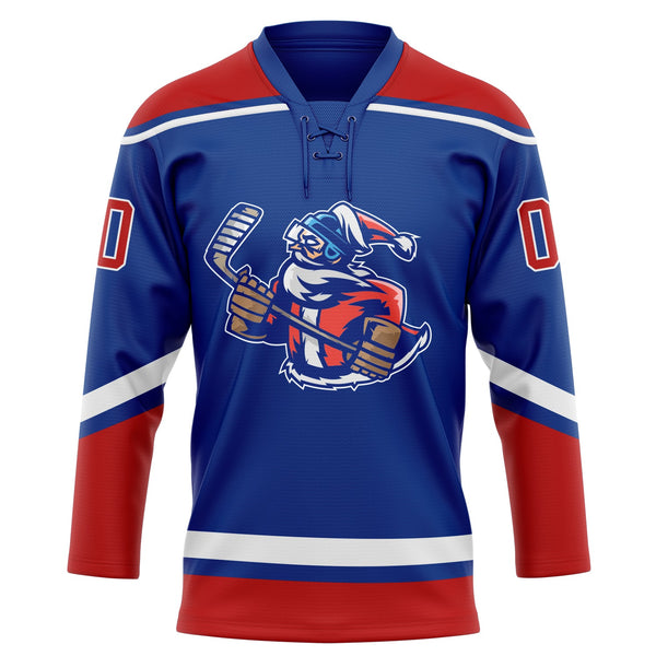 Custom Hockey Jersey - Royal Red-White Christmas Santa Claus 3D Lace Neck