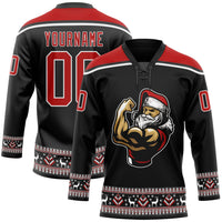 Custom Hockey Jersey - Black Red-White Christmas Santa Claus 3D Lace Neck