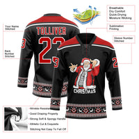 Custom Hockey Jersey - Black Red-White Christmas Santa Claus 3D Lace Neck