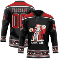Custom Hockey Jersey - Black Red-White Christmas Santa Claus 3D Lace Neck