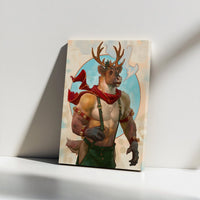 Muscular Christmas Fantasy Canvas Print, Anthropomorphic Reindeer Canvas Wall Art, Unique Holiday Art Print, Winter Season Wall Decor Present