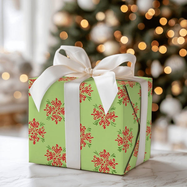 Lime Green Holiday Gift Wrap, Damask Snowflake Christmas Wrapping Paper, Red and Green Xmas Wrapping Paper, Winter Festive Gi