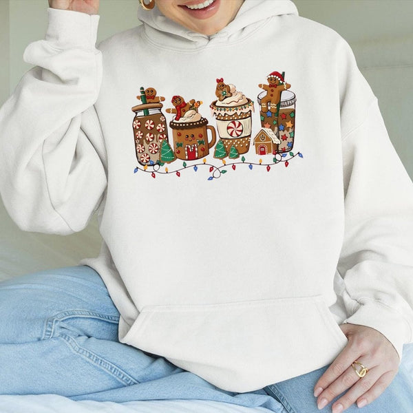 Adorable Holiday Coffee Mug Sweatshirt, Christmas Gingerbread Hoodie, Comfy Gingerbread Man Hoodie, Festive Winter Hooded Swe