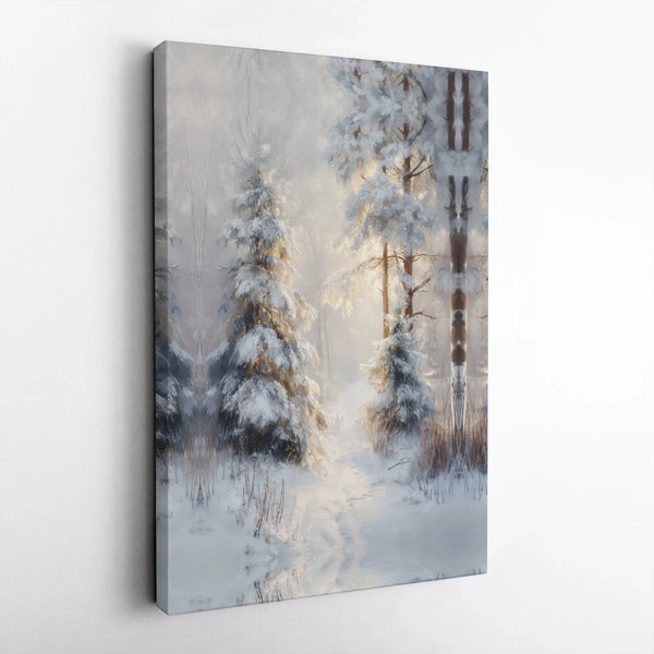Snowy Pine Trees Landscape Painting Print, Winter Forest Canvas Wall Art, Rustic Woodland Wall Decor, Christmas Digital Downl