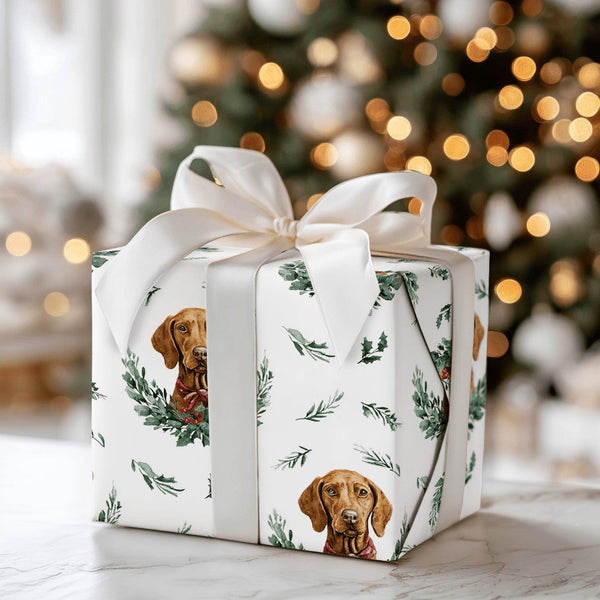 Holiday Wreath Puppy Gift Wrap, Vizsla Dog Christmas Wrapping Paper, Watercolor Dog Christmas Paper, Festive Pet Lover Gift W