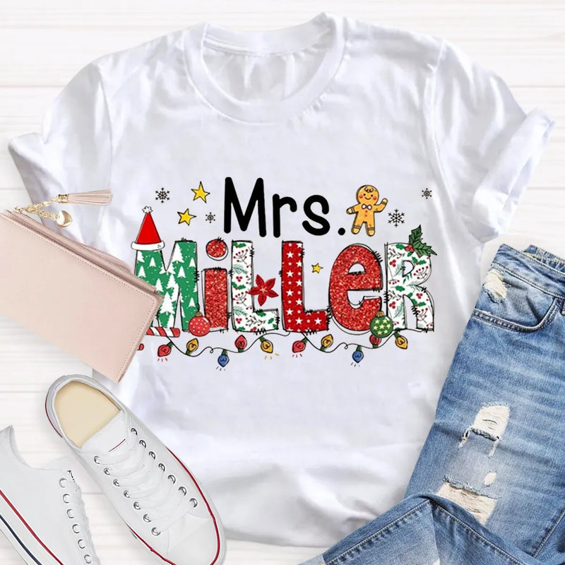 Custom Name Holiday Tee, Personalized Christmas Teacher T-Shirt, Adorable Merry Educator Shirt, Christmas Teacher Present