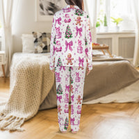 Santa Gingerbread Satin Pajamas, Pink Christmas Pajama Set, Adorable Holiday Sleepwear, Silky Winter Loungewear Set, Pastel Xmas Present for Her