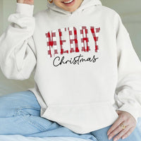Buffalo Plaid Red Text Hoodie, Merry Christmas Hoodie, Comfy Holiday Sweatshirt, Festive Plaid Christmas Pullover, Winter Xmas Present Hoodie