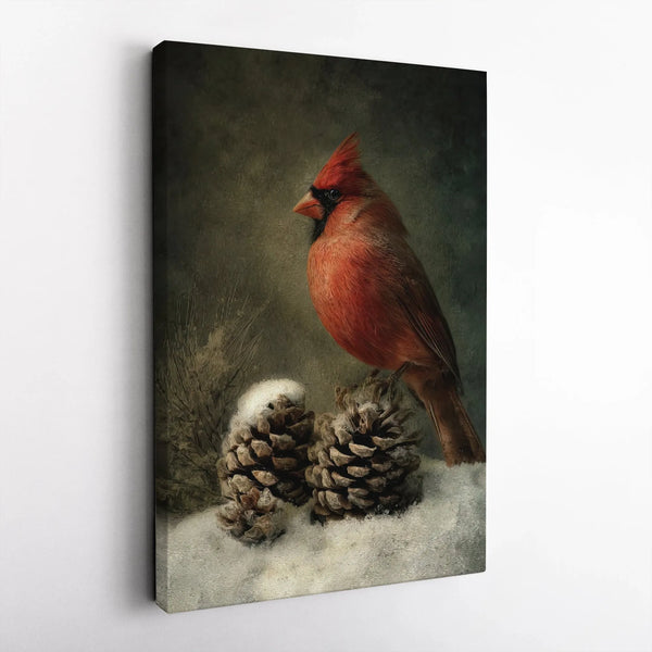 Snowy Pinecone Winter Canvas Print, Red Cardinal Canvas Wall Art, Rustic Bird Nature Art Canvas, Christmas Holiday Wall Decor