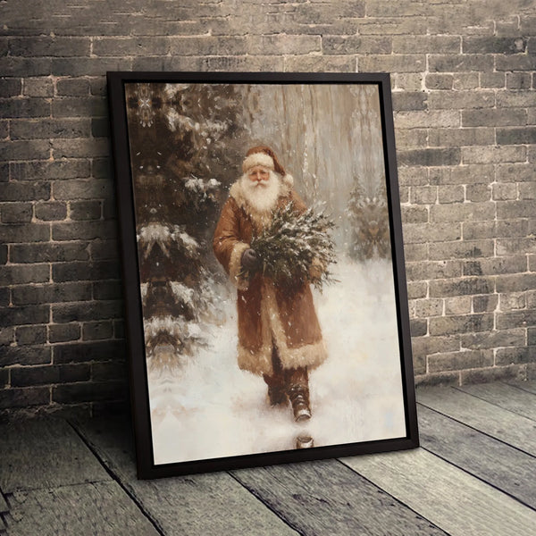 Snowy Forest Santa Canvas Print, Vintage Santa Claus Canvas Wall Art, Christmas Tree Santa Canvas Decor, Winter Holiday Wall 
